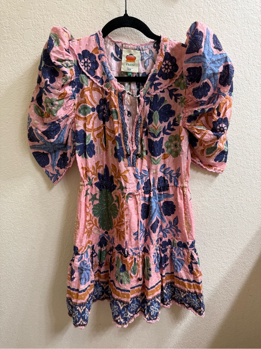 Farm Rio Pink & Blue Swiss Dot Floral Puff-Sleeve Dress